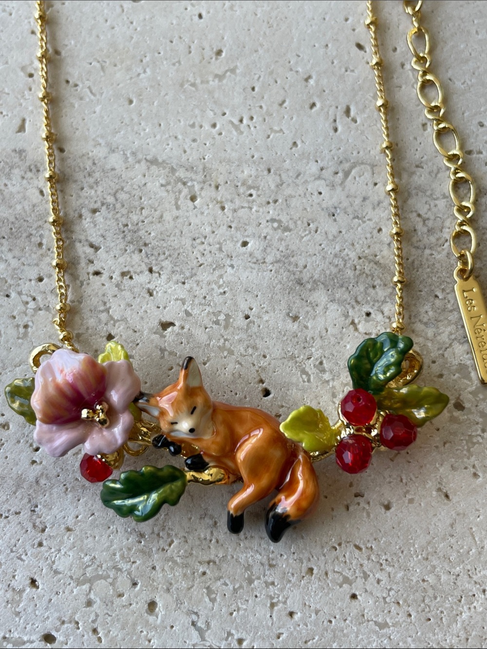 Les Néréides Gold-Tone Orange Fox Necklace with Pink Flower and Red Berries